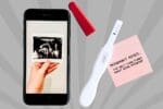 A positive pregnancy test rests beside a smartphone displaying an ultrasound image, with a pink sticky note that reads 'Pregnancy memes... the only thing funny about being pregnant.' It's a relatable moment for anyone navigating the wild ride of hormones and humor.