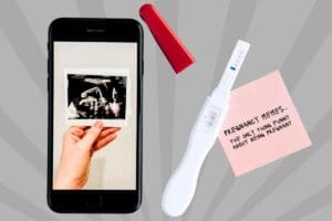 A positive pregnancy test rests beside a smartphone displaying an ultrasound image, with a pink sticky note that reads 'Pregnancy memes... the only thing funny about being pregnant.' It's a relatable moment for anyone navigating the wild ride of hormones and humor.