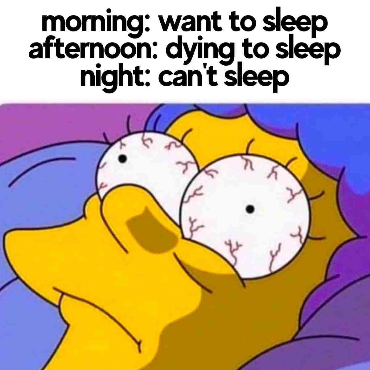 cant sleep meme Meme of a cartoon character wide awake at night with the text: 'morning: want to sleep, afternoon: dying to sleep, night: can't sleep,' hilariously capturing insomnia struggles.