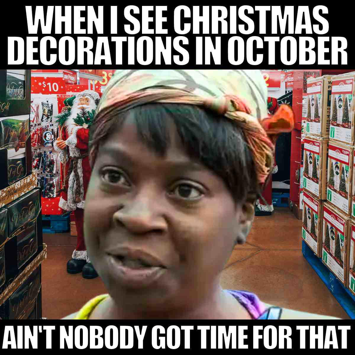 christmas decorations in october meme Funny Christmas meme showing a woman with a skeptical look in a store filled with festive decorations, captioned "When I see Christmas decorations in October, ain't nobody got time for that."