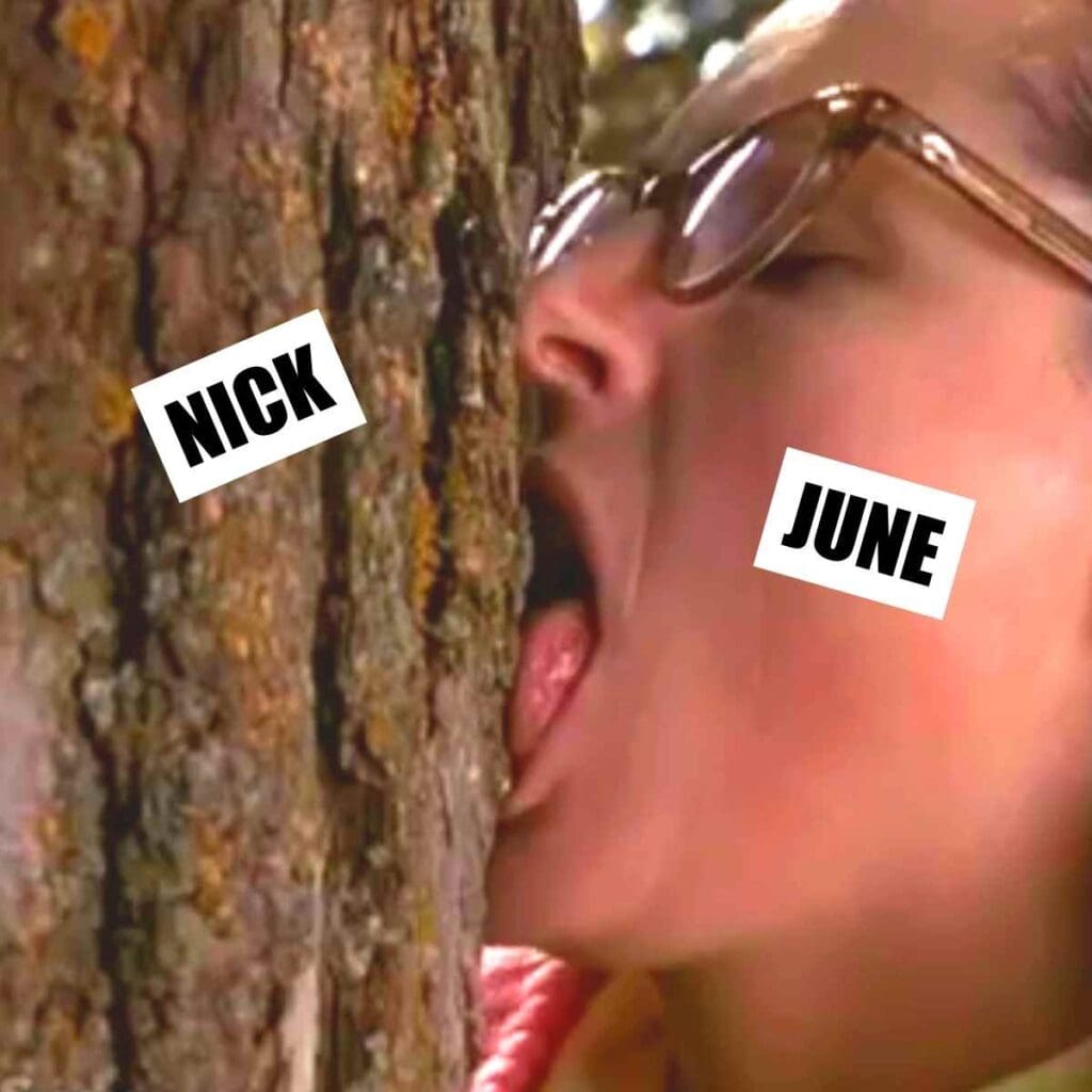 handmaids tale nick june meme Nick June meme inspired by The Handmaid's Tale, showing a person licking a tree with labels 'Nick' and 'June' on the tree and face, humorously depicting the passionate relationship between the characters Nick and June.