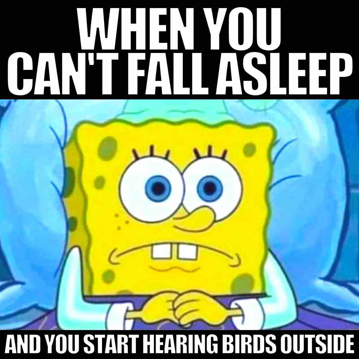 insomnia meme Meme of a wideeyed cartoon character in bed with the caption 'When you can't fall asleep and you start hearing birds outside,' humorously capturing the insomnia struggle.