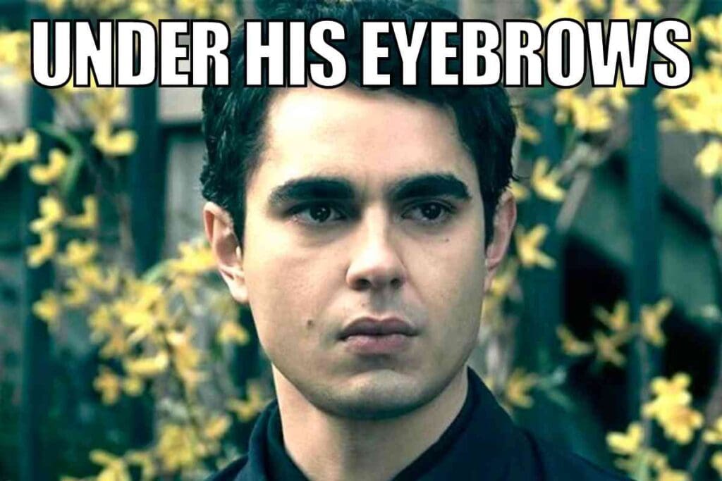nick handmaids tale meme Nick Under His Eyebrows meme featuring a serious-looking character from The Handmaid's Tale with the caption 'UNDER HIS EYEBROWS.'