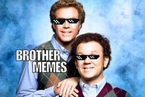 Two men smiling, with 'deal with it' sunglasses edited onto their faces, pose like classic family portraits, embodying ultimate 'brother memes' energy with a pinch of sibling rivalry sass.