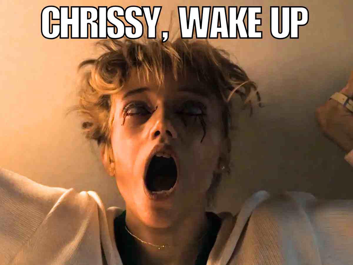 chrissy wake up meme stranger things A person with a shocked expression lies with their mouth open and closed eyes, wearing a pale top and positioned against a light background. The text overlay says, 'CHRISSY, WAKE UP.'