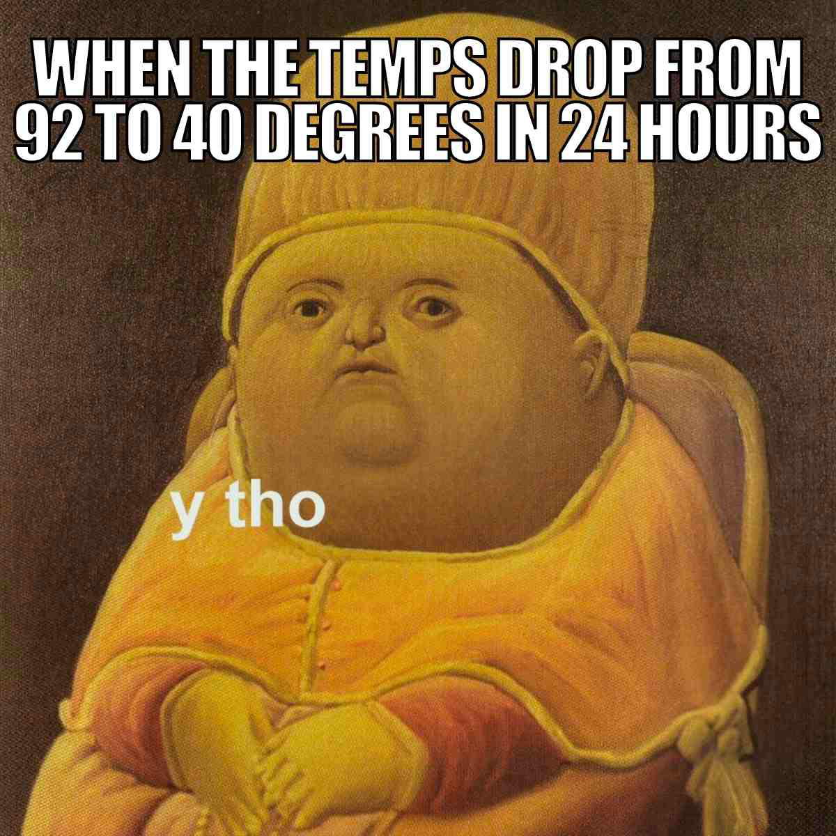 Meme of a historical figure's face asking 'y tho', with text: 'When the temps drop from 92 to 40 degrees in 24 hours.'