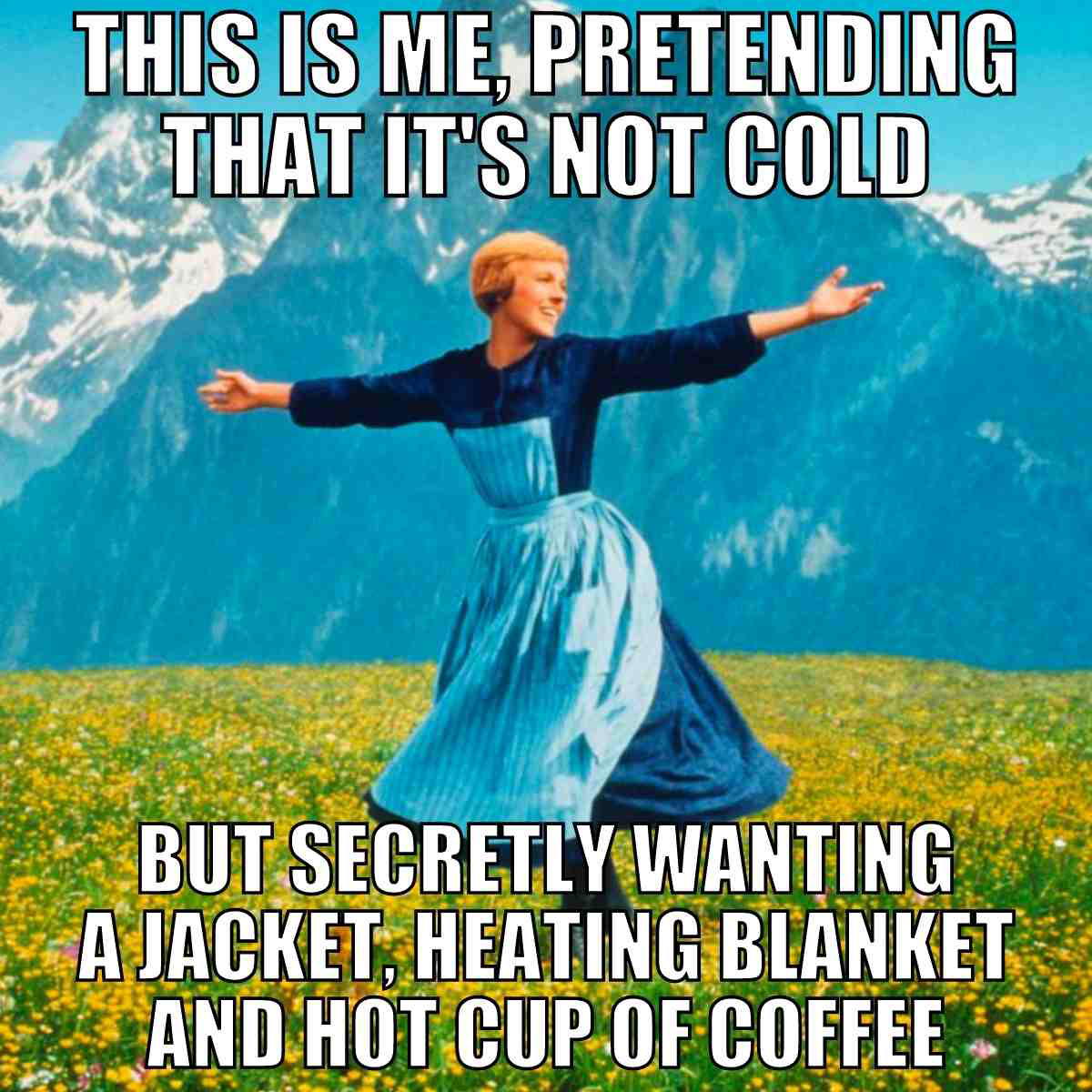 Meme of a woman twirling in a meadow under mountains, captioned: 'This is me, pretending that it's not cold but secretly wanting a jacket, heating blanket, and hot cup of coffee.'