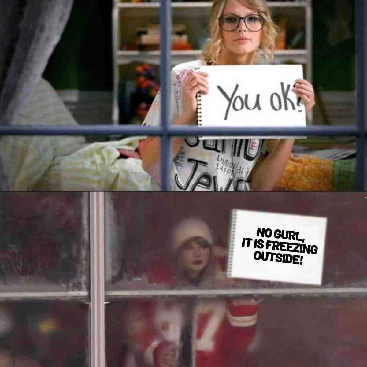 Humorous meme showing two images of a person with a notebook; top image asks 'You OK?' and bottom responds 'NO GURL, IT IS FREEZING OUTSIDE!' as they are peering through a frosty window.
