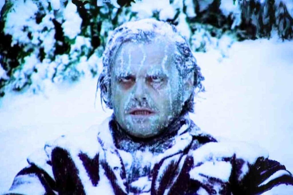 Frozen face meme capturing that moment when you realize even your thoughts are shivering in this cold weather.