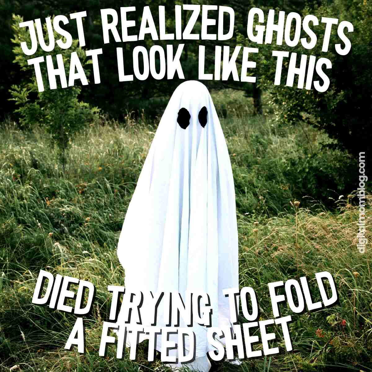 funny ghost meme Meme showing a ghost in a sheet in a field with the humorous text 'Just realized ghosts that look like this died trying to fold a fitted sheet.'