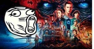 Stranger Things Meme featuring a troll face pasted onto 'Stranger Things' poster, adding hilarity to the intense and mysterious vibe of the show's characters facing the Demogorgon.