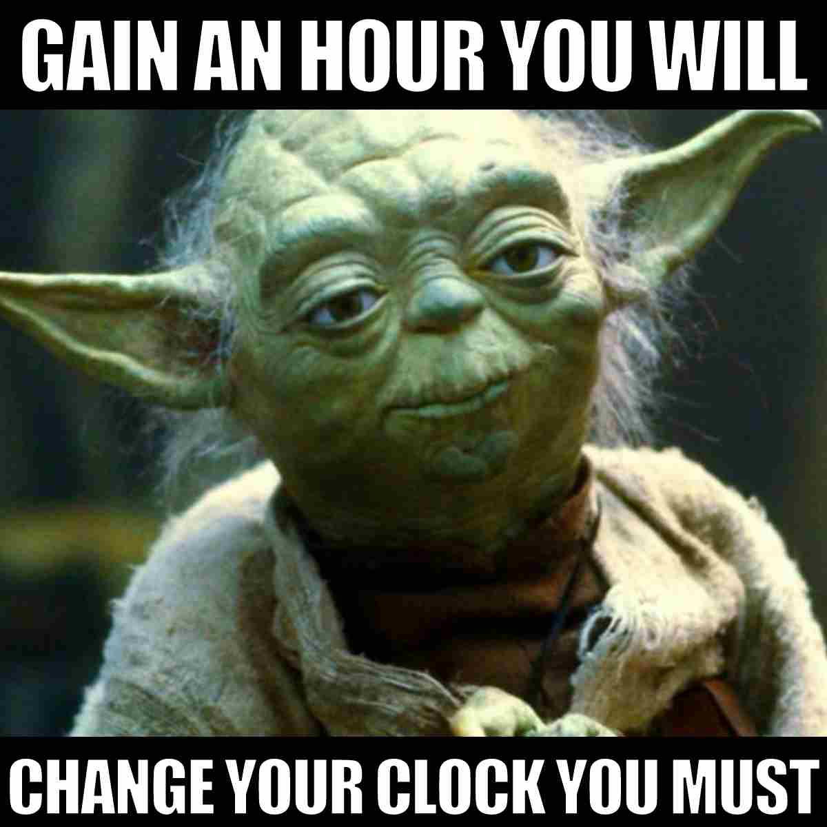 november 5 meme time change A meme with the wise green Jedi Master advising, 'Gain an hour you will, change your clock you must,' humorously reminding us of the time change ritual.
