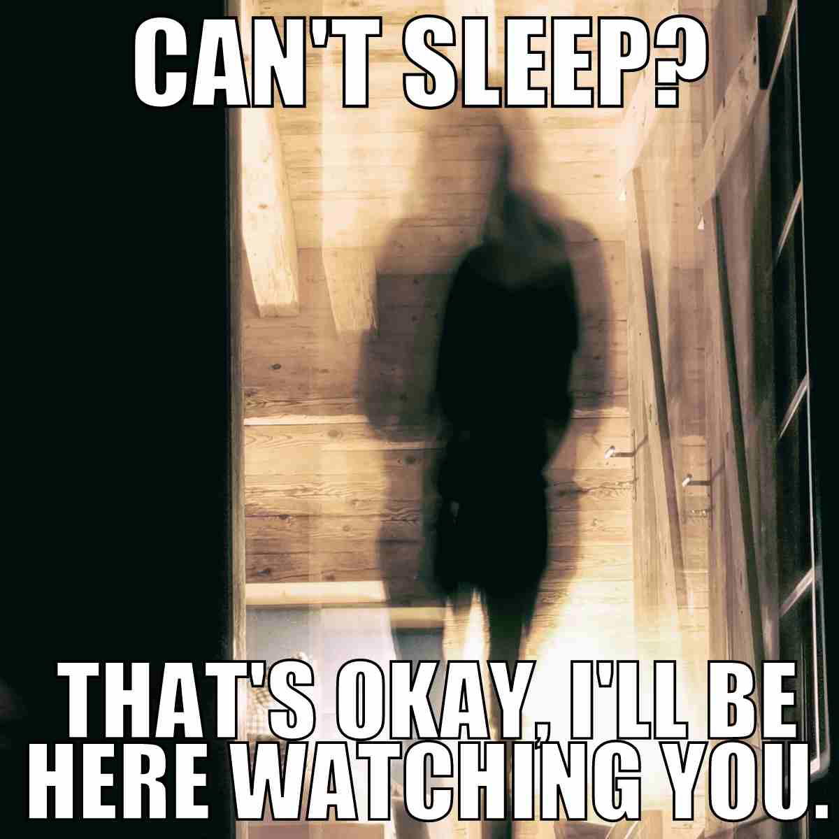 scary ghost meme Meme showing a blurry ghost figure with the text 'Can’t sleep? That’s okay, I’ll be here watching you,' humorously portraying a ghost as a sleepless night companion.