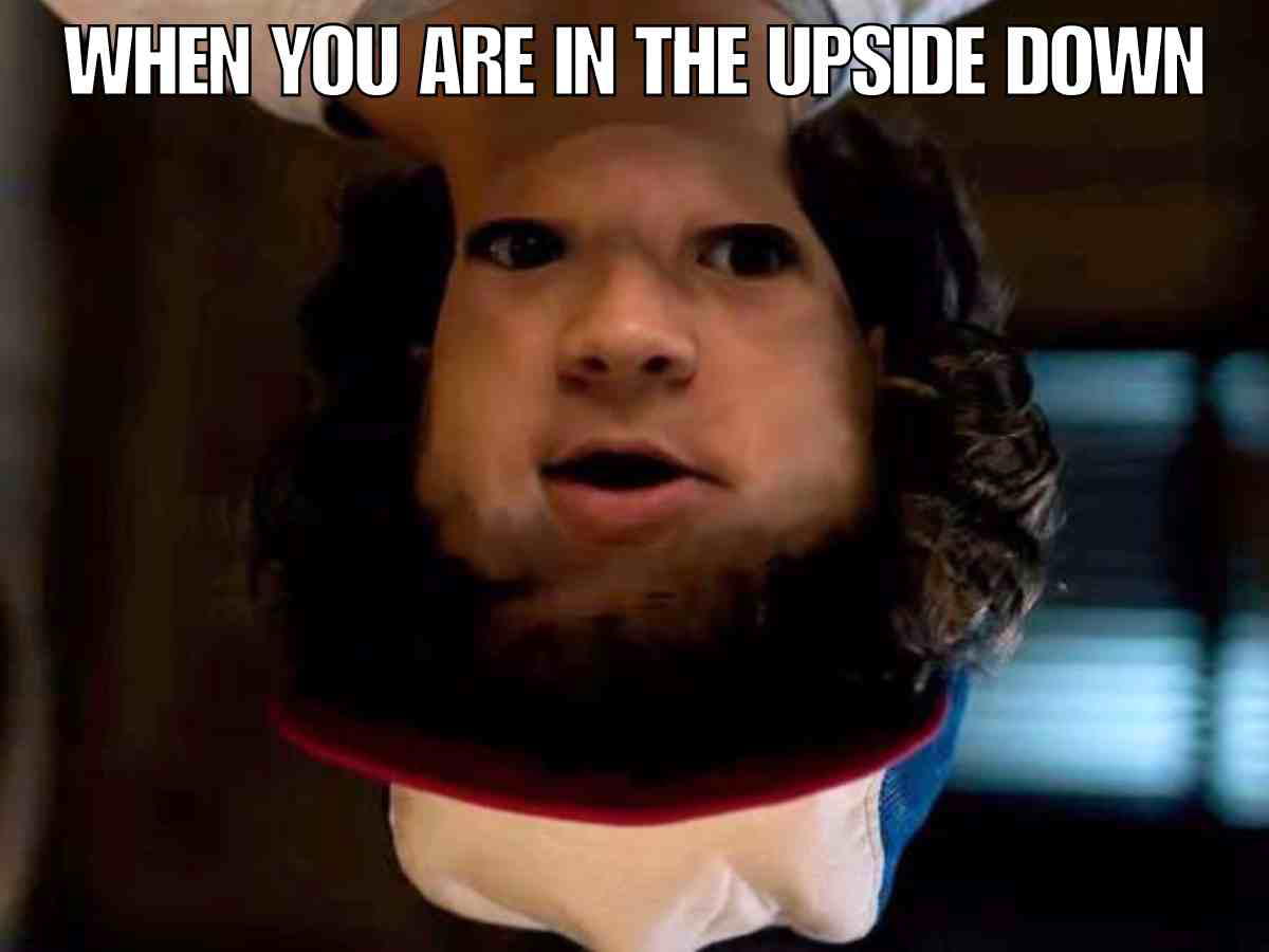 stranger things meme upside down A humorously stranger things upside down meme with character's face turned upside down, featuring the caption 'WHEN YOU ARE IN THE UPSIDE DOWN.'