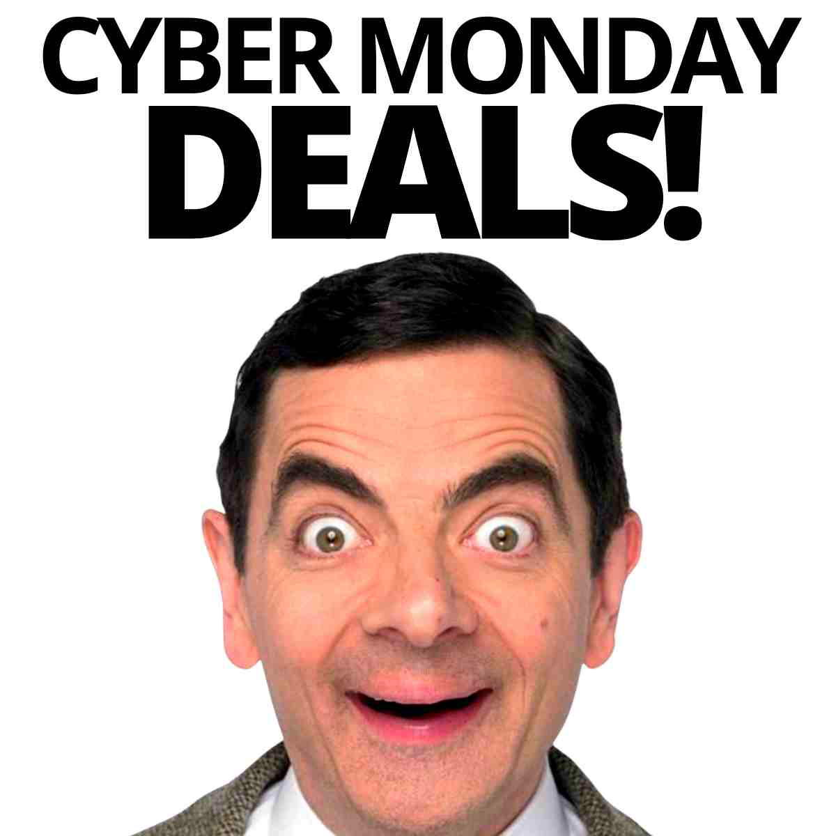 cyber monday deals meme Meme featuring a man with a surprised expression under the text 'CYBER MONDAY DEALS!' humorously suggesting big sales after the weekend.