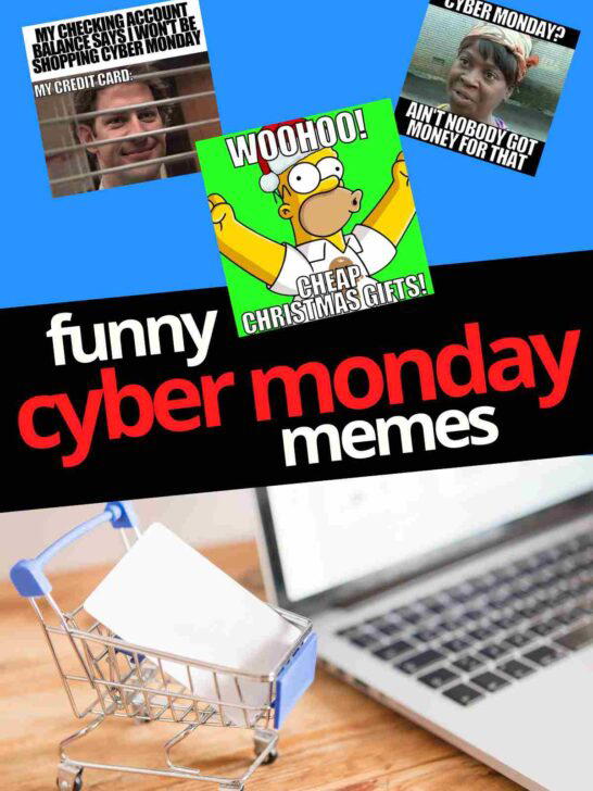 cyber monday memes A collage of hilarious Cyber Monday memes featuring a worried man peeking out, a woman proclaiming she's broke for Cyber Monday, and a cartoon character celebrating cheap Christmas gifts, all above a tiny shopping cart next to a laptop, because who isn't LOLing at their bank account right now?