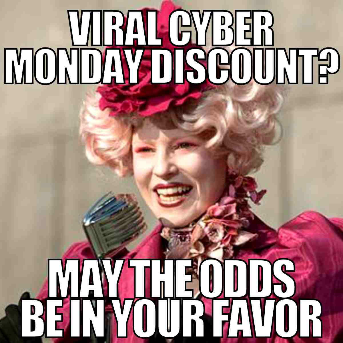 cyber monday sale meme Monday meme showing a character with extravagant pink attire and a vintage microphone, humorously wishing luck for finding Cyber Monday discounts.