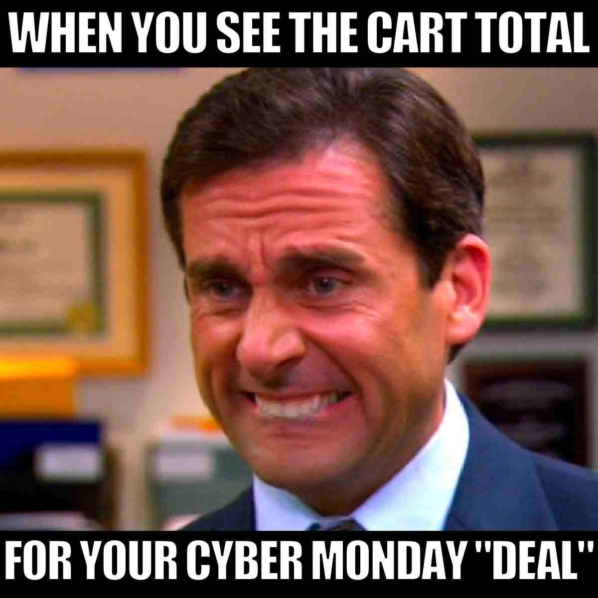 cyber monday shopping meme Meme showing a man with an awkward grimace, captioned 'When you see the cart total for your Cyber Monday "deal".'