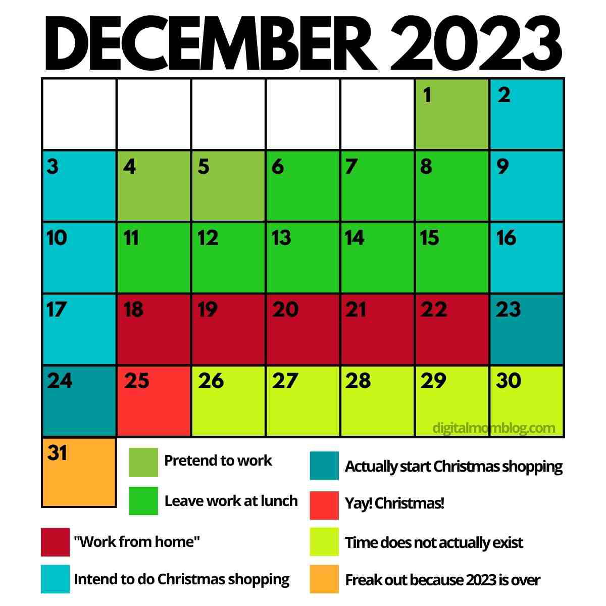 december 2023 christmas calendar meme Humorous calendar meme for December 2023 showing daily activities like pretending to work, starting Christmas shopping, and freaking out because the year is over.