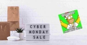 Cyber Monday jokes with a meme featuring a cartoon character excitedly celebrating cheap Christmas gifts; Monday never looked so good!