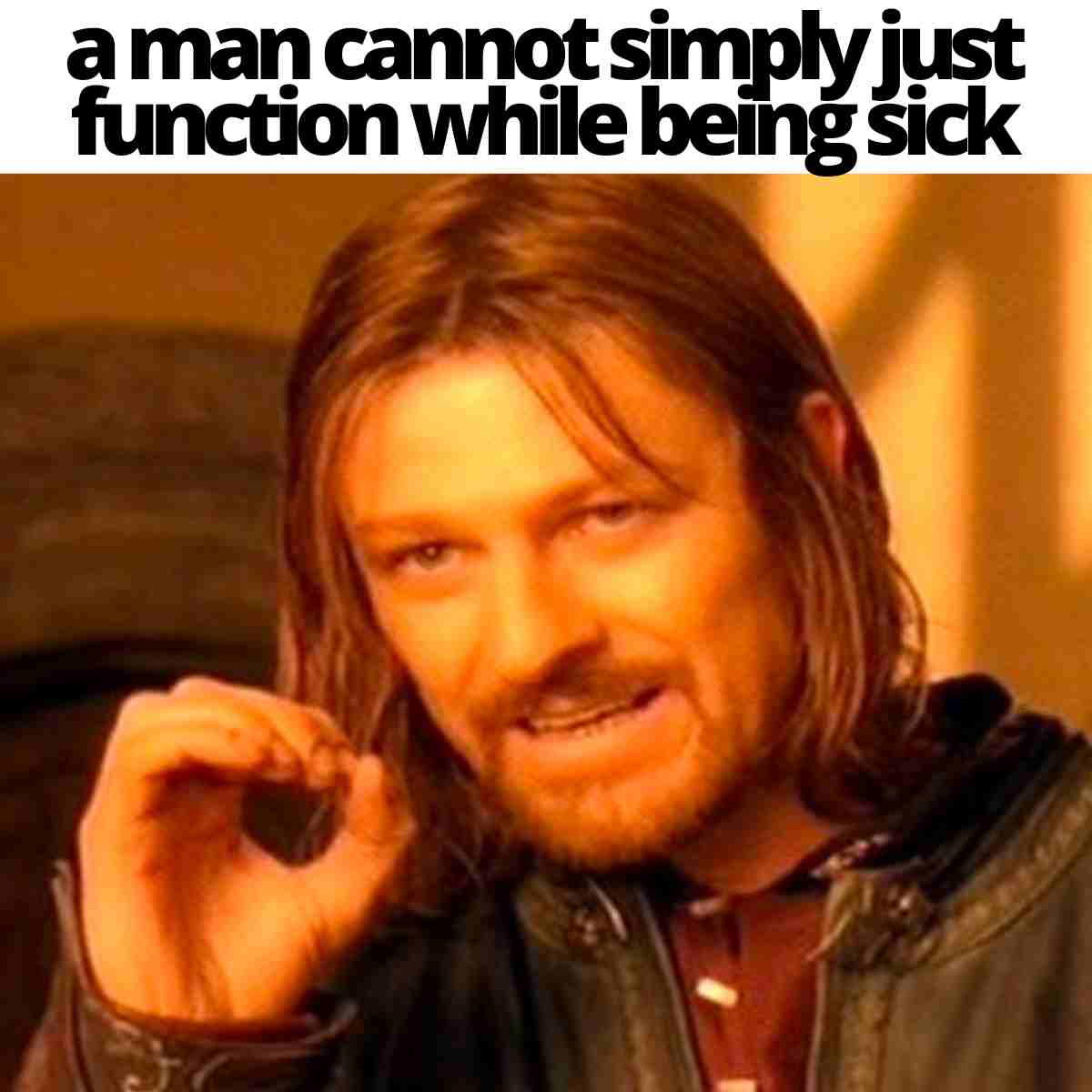 sick man meme Humorous meme of a medieval-looking man declaring, "A man cannot simply just function while being sick," capturing the dramatic struggle of colds and flu.