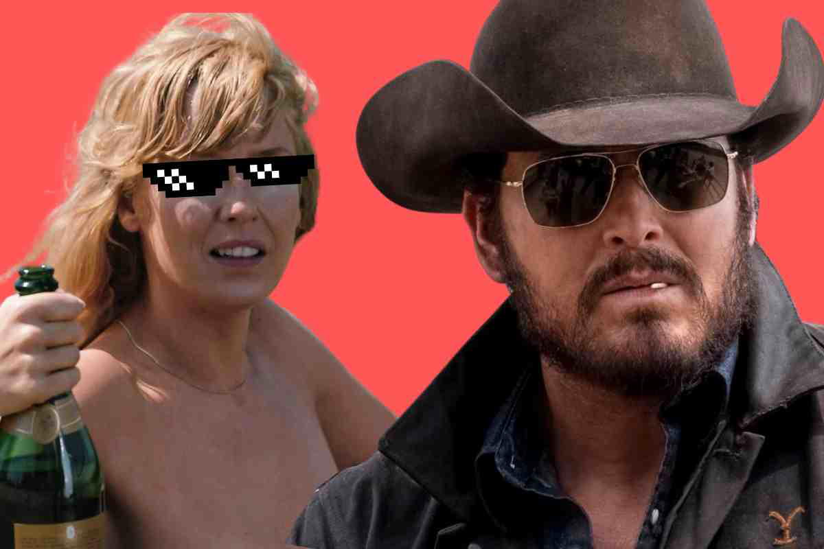 Meme featuring a woman with pixelated sunglasses holding a champagne bottle, alongside a man in a cowboy hat and sunglasses, on a bold red background.