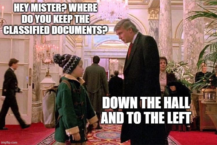 donald trump in home alone 2 meme Meme featuring a scene from a classic movie with a young boy asking a businessman where the classified documents are kept, to which the businessman humorously responds with directions, referencing a political joke about Donald Trump.