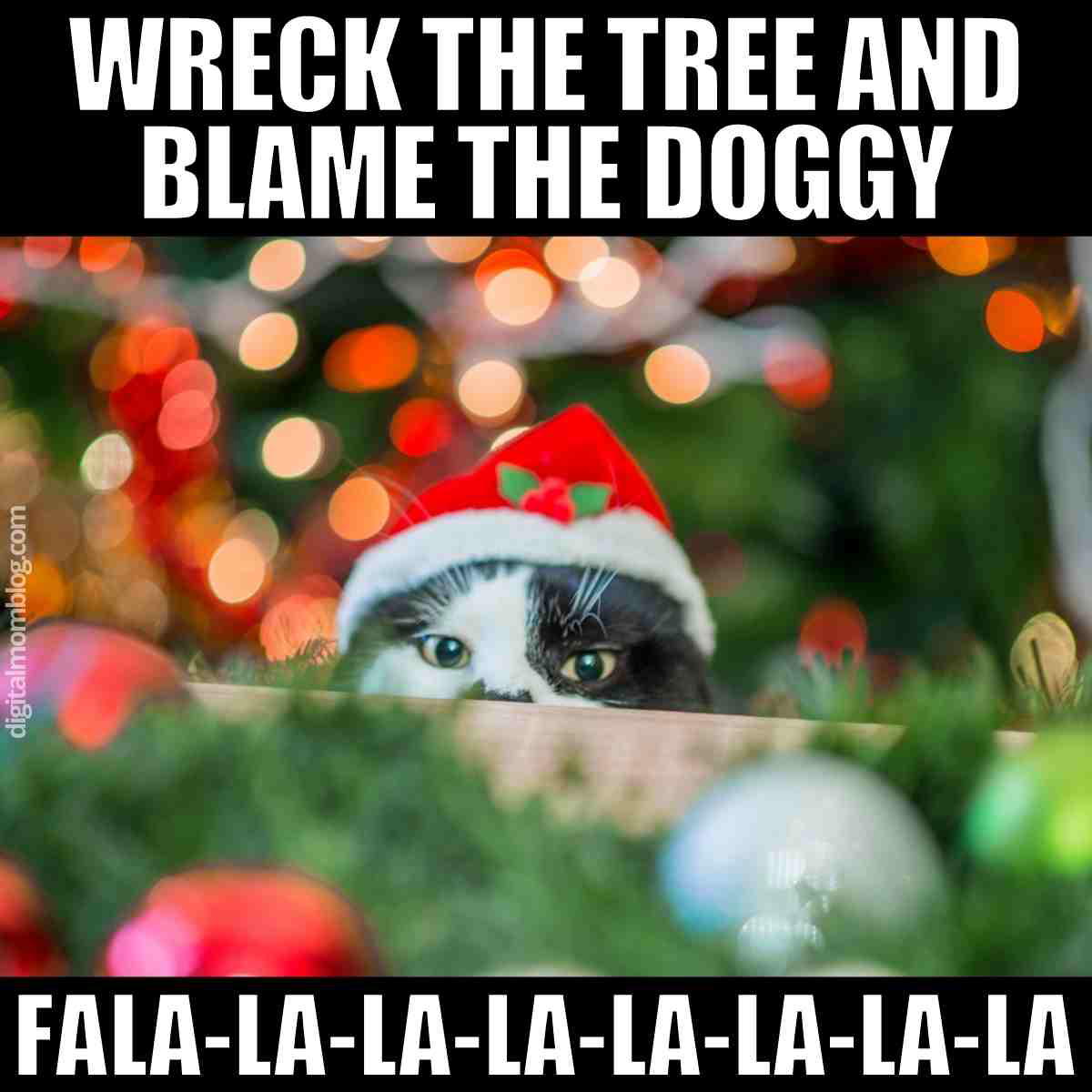 meme christmas cat wreck the tree and blame the doggy fala-la-la-la-la-la