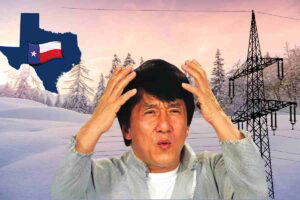 Meme of a confused man with a Texas map and power lines, questioning how snow and the Lone Star State mix.