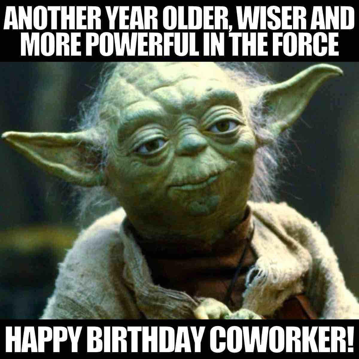 birthday coworker meme A meme with Yoda from Star Wars, featuring text reading, 'Another year older, wiser and more powerful in the Force. Happy Birthday Coworker!' related to coworker meme humor and birthday greetings.