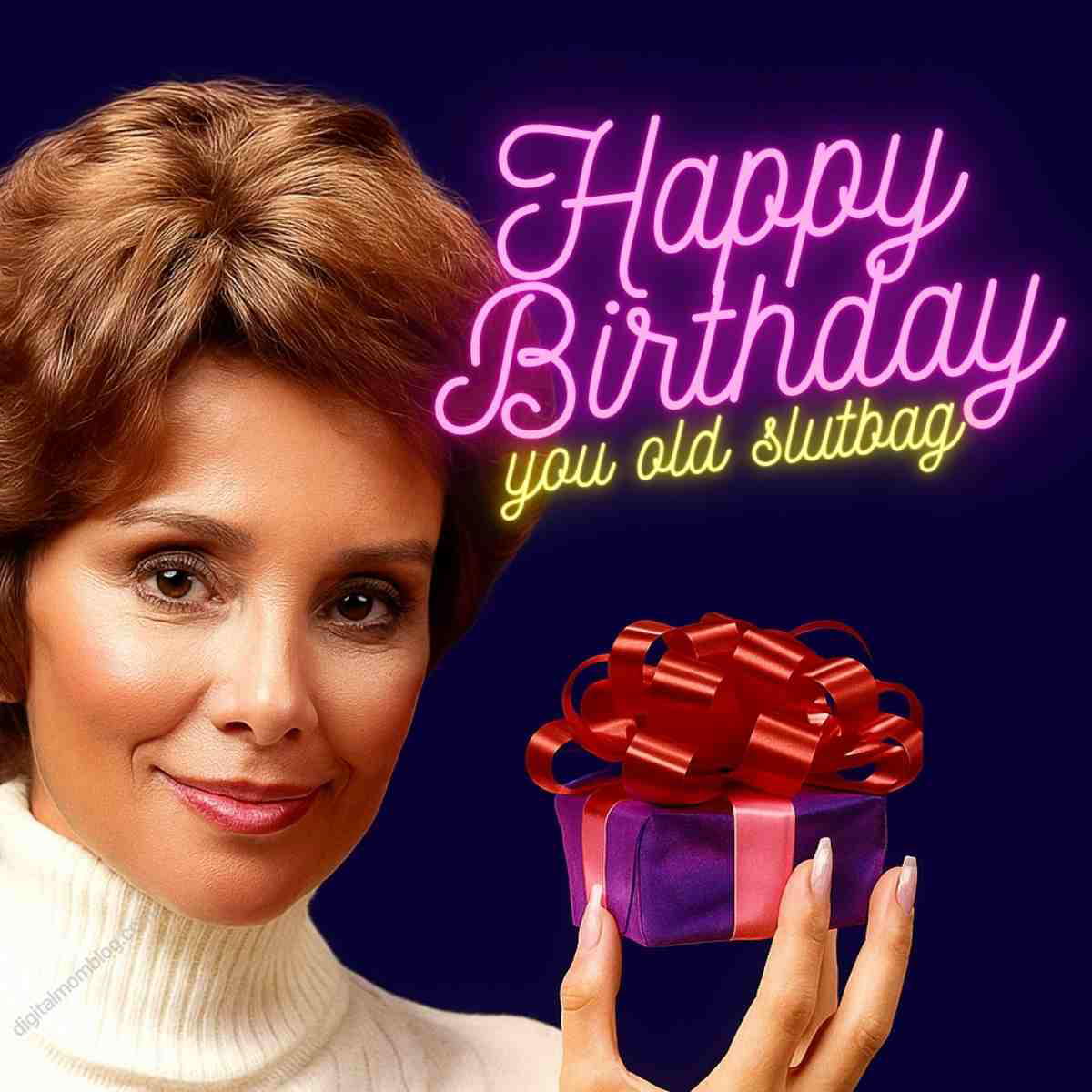 happy birthday meme for her A humorous birthday meme featuring a woman holding a gift, with neon text reading 'Happy Birthday you old slutbug,' combining funny birthday wishes and sarcasm.