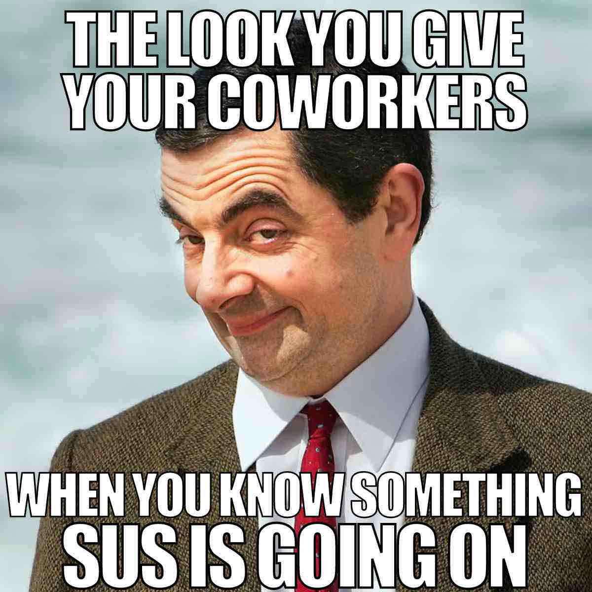 coworking meme Image of a man in a suit smirking with text above and below reading, "The look you give your coworkers when you know something sus is going on," relating to suspicious or funny workplace dynamics.