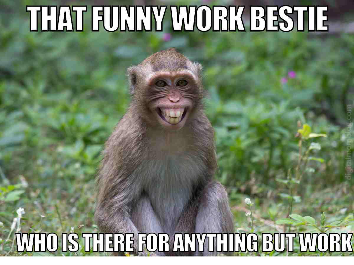 funny work bestie meme A monkey with a wide smile, used in a coworker meme with the text 'That funny work bestie who is there for anything but work,' symbolizing humorous workplace dynamics and fun coworkers.
