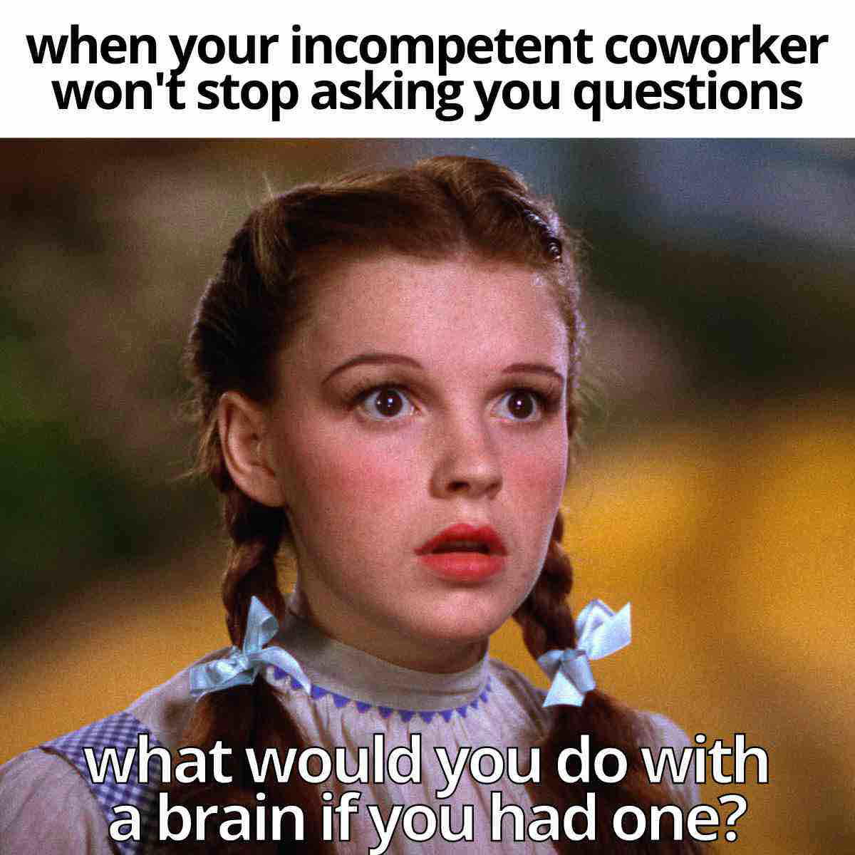incompetent coworker meme Dorothy from The Wizard of Oz looks surprised with text above and below her saying, 'when your incompetent coworker won't stop asking you questions' and 'what would you do with a brain if you had one?' emphasizing workplace frustration and coworker meme humor.