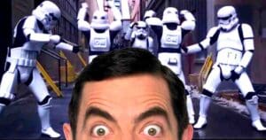 Humorous meme with a wideeyed individual in the foreground looking surprised as stormtroopers dance energetically in the background.