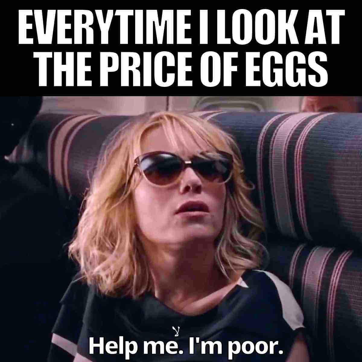 Funny meme of a woman in sunglasses looking exasperated with text above saying, 'Every time I look at the price of eggs' and below, 'Help me. I'm poor.'
