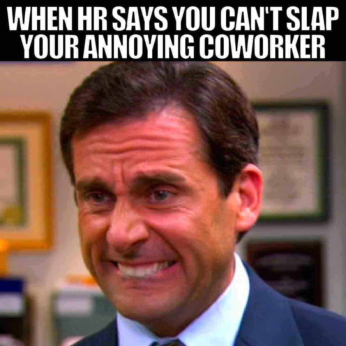 slap annoying coworker meme Meme showing a frustrated expression on a man's face with the caption 'When HR says you can't slap your annoying coworker.' This humorous meme relates to office humor about dealing with irritating coworkers and HR policies, common in coworker memes.