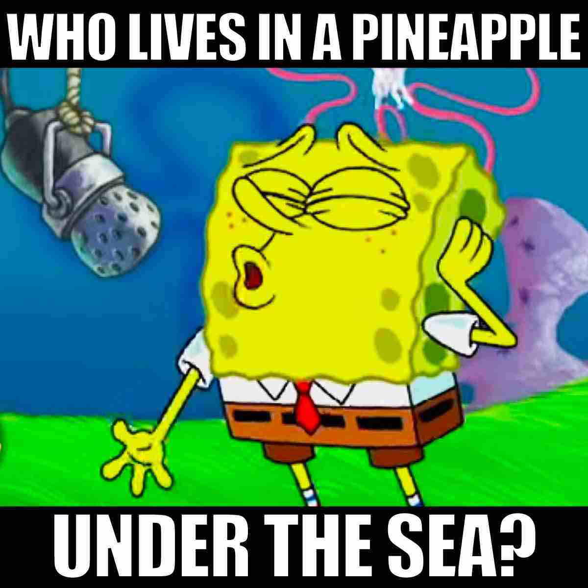 spongebob singing meme who lives in a pineapple under the sea