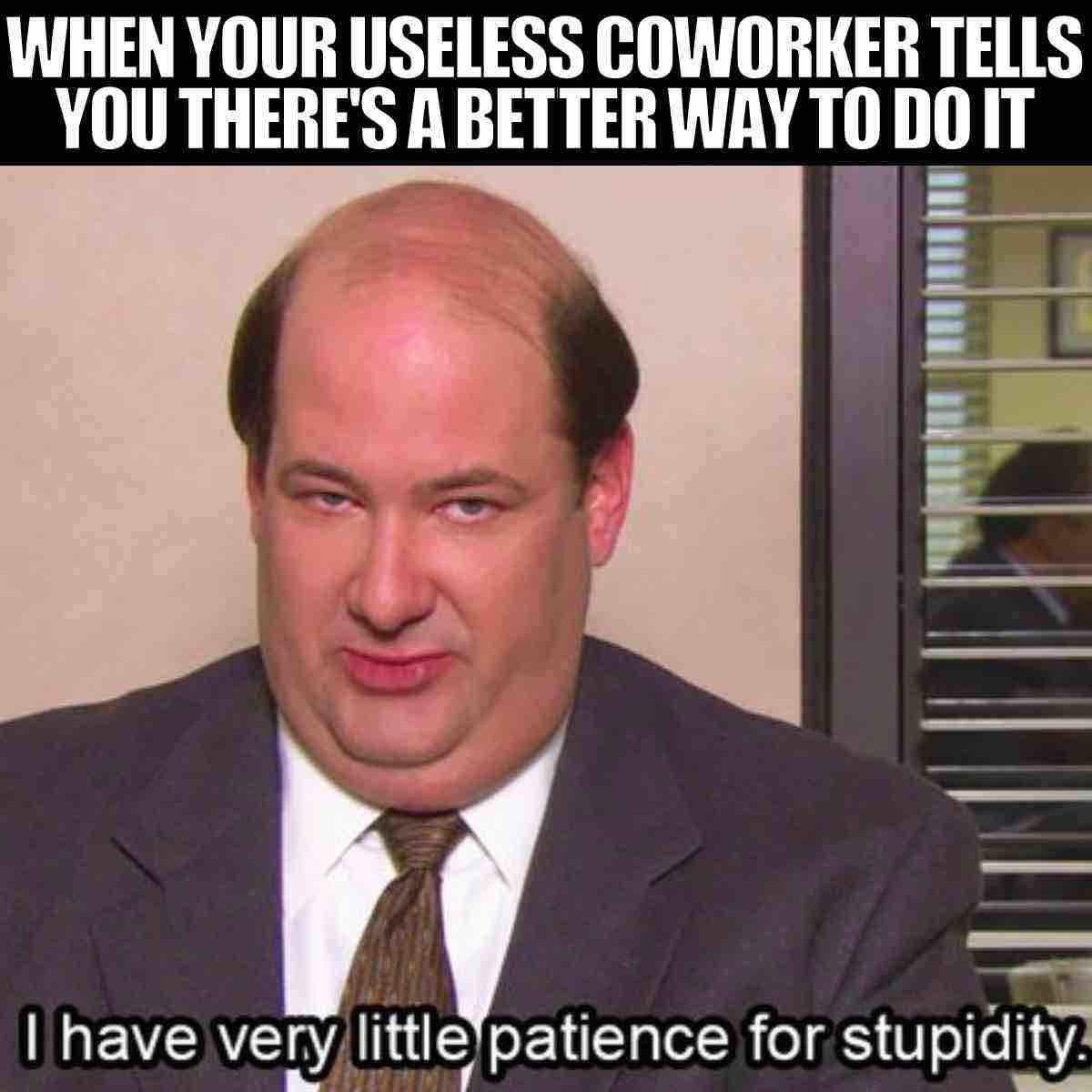 useless coworker meme A bald man in a suit appears frustrated, with the caption 'WHEN YOUR USELESS COWORKER TELLS YOU THERE'S A BETTER WAY TO DO IT' on top and 'I have very little patience for stupidity.' at the bottom, embodying a humorous coworker meme about workplace frustration.