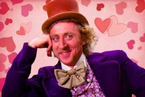Willy Wonka meme with a romantic twist, featuring him smirking amidst a backdrop of floating hearts, perfect for questioning your Valentine choices with a touch of humor.