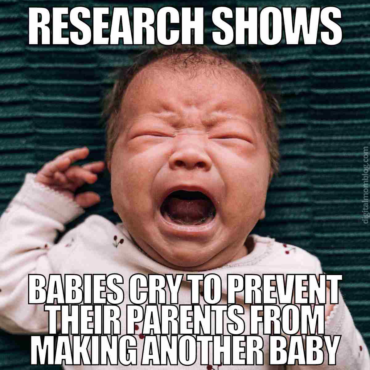 baby crying meme A crying baby with funny meme text: 'Research shows babies cry to prevent their parents from making another baby.' Perfect for sharing a relatable and humorous vibe about parenthood and baby memes.
