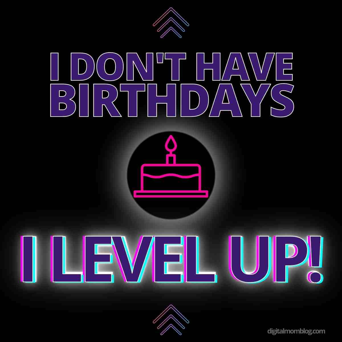its my birthday level A funny meme with glowing text saying 'I don't have birthdays, I level up!' accompanied by a neon cake icon, perfect for those who view age as an upgrade rather than getting older.