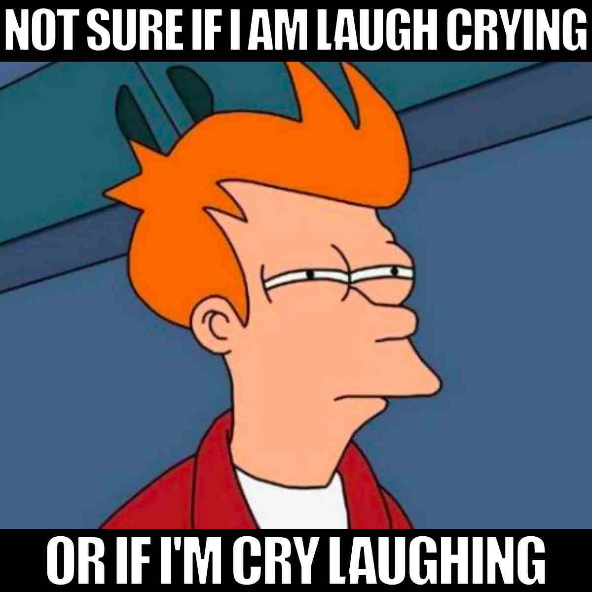 laughing crying meme A cartoon character with orange hair squinting suspiciously, with the lets laugh day meme text "Not sure if I am laugh crying or if I'm cry laughing" at the top and bottom.