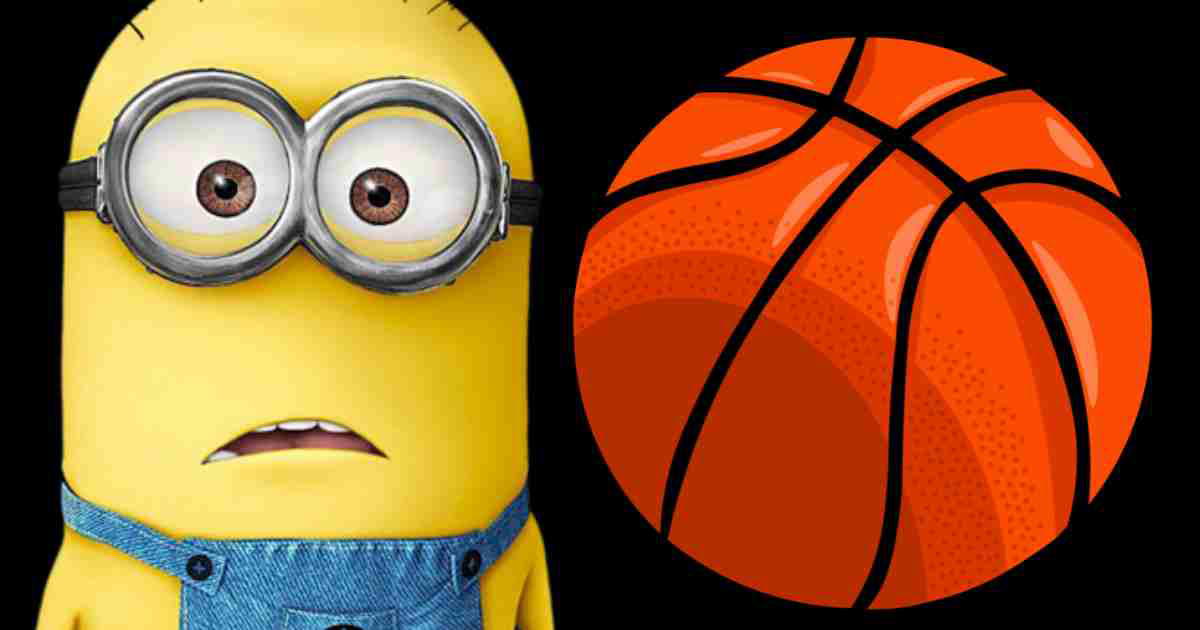 A surprised Minion stares wideeyed at a giant basketball, capturing the essence of March Madness in a hilarious meme mashup.