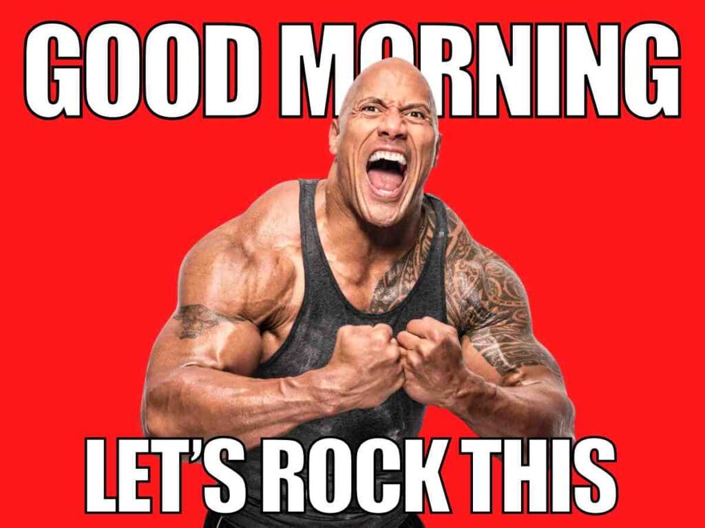 positive good morning meme A muscular man with a tattoo on his shoulder is shouting with enthusiasm against a bright red background. The image has white bold text reading "GOOD MORNING, LET'S ROCK THIS," capturing the energy of motivational morning memes.