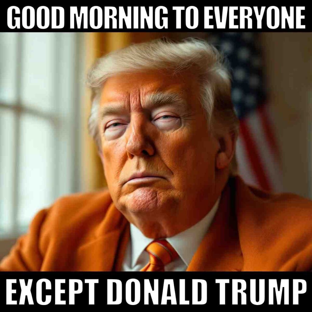 sarcastic good morning trump meme An digital image of Donald Trump in an orange suit with sarcastic meme text above and below saying, 'GOOD MORNING TO EVERYONE EXCEPT DONALD TRUMP.'