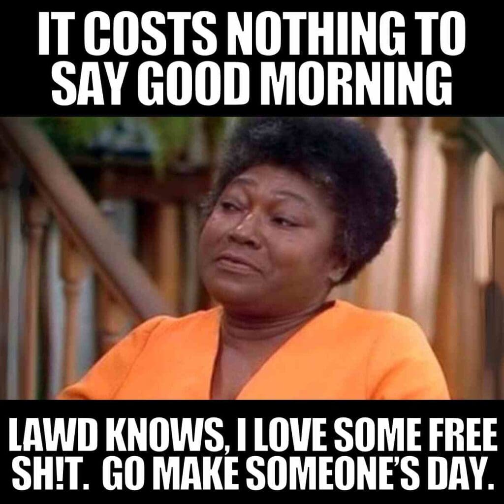 say good morning meme A meme featuring a woman in an orange outfit with text above and below her. The top text says, 'It costs nothing to say good morning,' and the bottom text reads, 'Lawd knows, I love some free sh!t. Go make someone's day.'