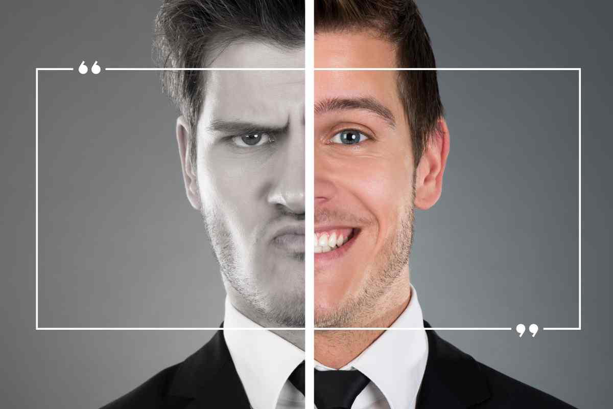 Quotes About Two Faced People Meme showing the split face of a man, one side grumpy and in black and white, the other side happy and in color, symbolizing opposite moods.