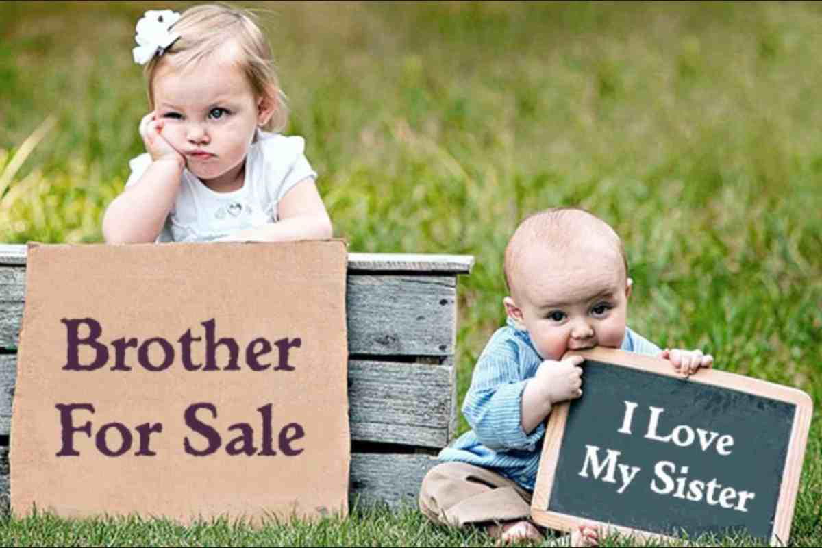 brother sister love meme A young girl sits in a wooden crate looking unimpressed, holding a sign that reads 'Brother For Sale,' while her baby brother chews on a sign saying 'I Love My Sister.' It's sibling life summed up perfectly—sometimes you’d trade them for a cookie, but deep down, you love 'em to crumbs!