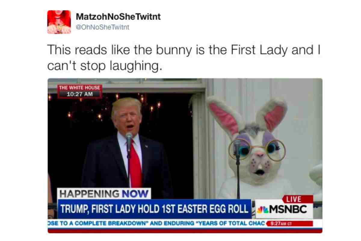 easter meme trump egg hunt Meme of a news headline suggesting a bunny is the First Lady, featuring a bemused man and a giant bunny with glasses at an Easter egg roll event, causing laughter.
